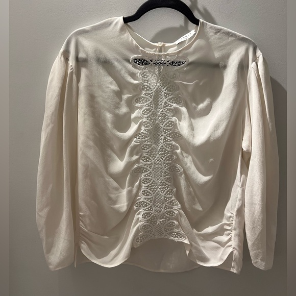 Sandro Paris Antonin 100% Silk Crepe de Chine Guipure Lace Blouse | Size 10 - Picture 5 of 11